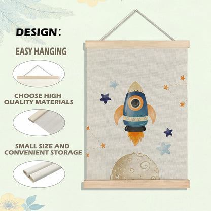BearCake Space Nursery Decor, Solar System Rocket Wall Art Poster Hanger Frame, Space Canvas Prints Framed Wall Decor for Classroom Toddler Boys Room Nursery Playroom, 12x16 Inch Set of 2