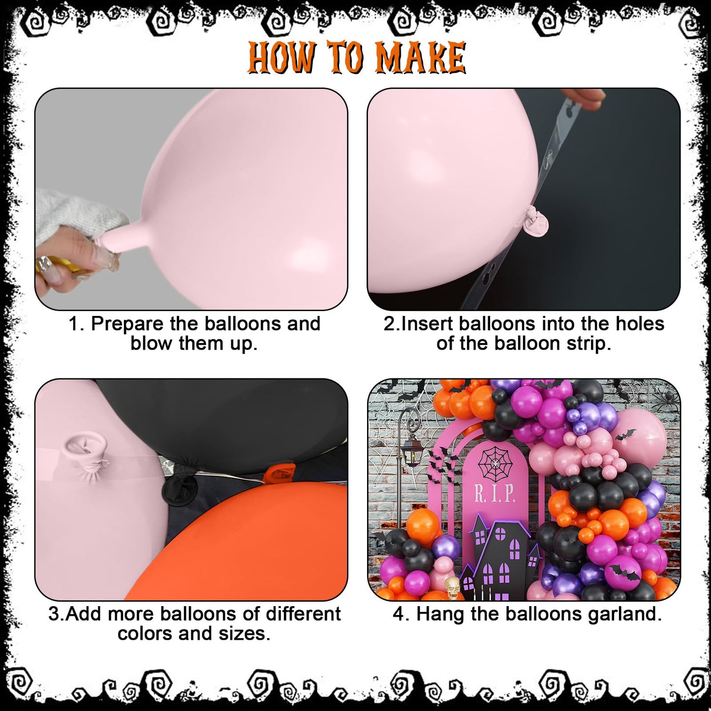 Froova Halloween Balloon Arch Kit, 123 Pcs Black Orange Pink Purple Balloon Garland with 3D Bat Stickers for Kids Halloween Baby Shower Wedding Spooky Birthday Party Decorations