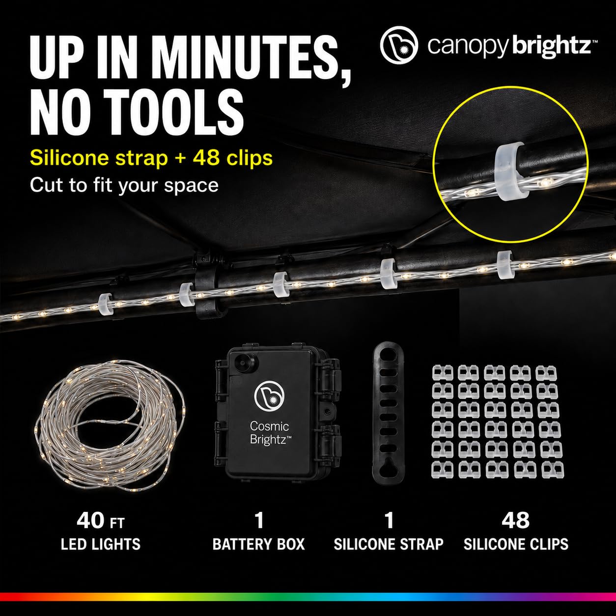 Brightz CanopyBrightz Color Changing LED Canopy Lights - 40 ft String Lights with 60 LEDs, Cut-to-Size - Battery Powered Accent Lights for Pop Up Canopy, Camping, Tailgating, Backyard Parties & Patio