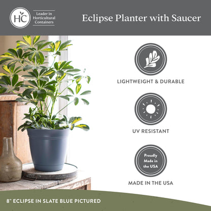 The HC Companies Eclipse Round Planter with Saucer - Outdoor & Indoor Plant Pot with Drainage Holes - Lightweight, UV-Resistant Plastic Pots for Plants, Flowers & Herbs (16" Slate Blue, Pack of 1)