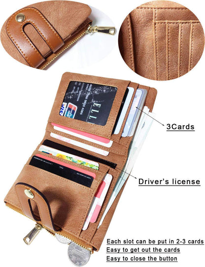 AOXONEL Women's Rfid Small Bifold Leather Wallet Ladies Mini Zipper Coin Purse id card Pocket,Slim Compact Thin (Brown)