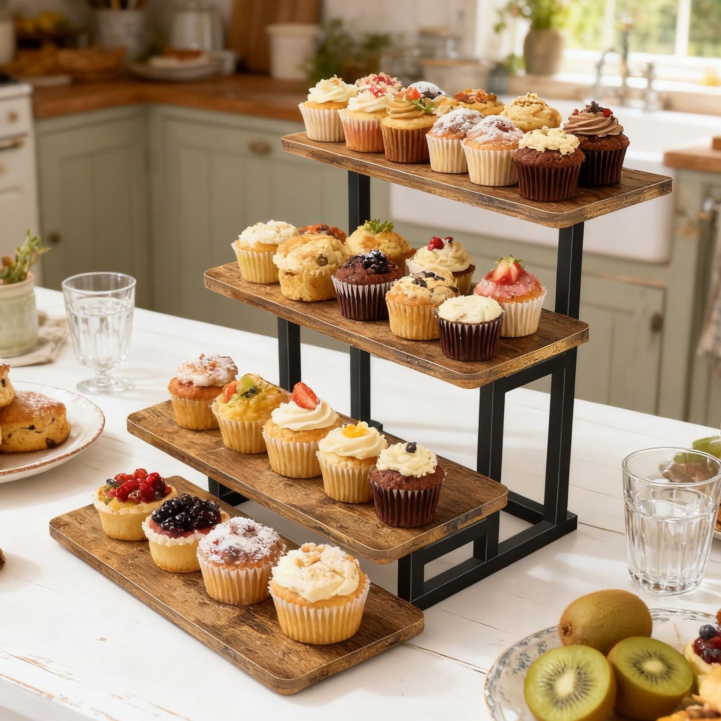 Lilybud--lily Cupcake Stand for 50 Cupcakes, 4 Tier Wooden Risers Display Stands Stepped Dessert Table Display Set with Metal Frame Tiered Tray Stand Serving Trays for Party Farmers Market Display