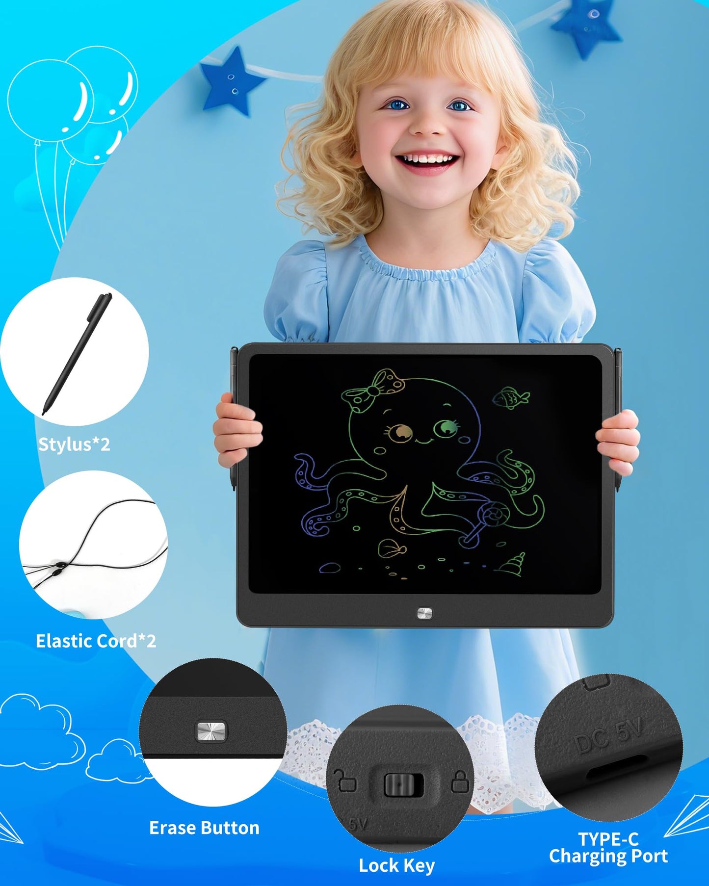 Rechargeable LCD Writing Tablet for Kids, 16 Inch Colorful Drawing Tablet, Educational Toddler Drawing Pad, Reusable Learning Toys for Kids (Ages 3-12), Ideal Gift for Christmas Birthday (Black)