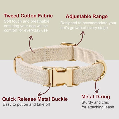 Soft Cotton Hemp Dog Collar with Metal Buckle Adjustable Tweed Dog Collars for Small Medium Large Dogs(Beige,Small)