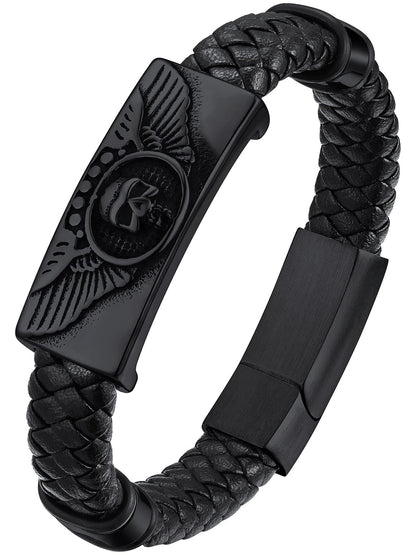 ChainsHouse Mens Braided Leather Black Bracelets Bangles, Wing Skull Bracelet for Dad Husband, 23cm