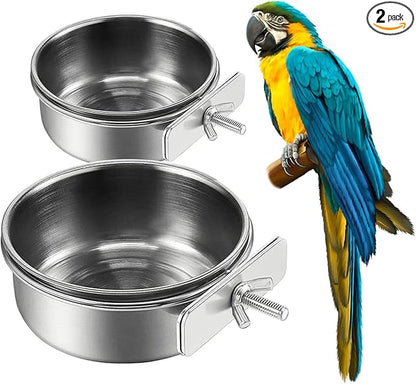 Stainless Steel Bird Feeding Bowls, 2Pcs Small Bird Feeding Cup with Holder, Parrot Food Bowl Cage Water Feeder, Pet Cage Cup Holder for Parrots, Canaries, Hamsters (Dia 7.09", 6.3")