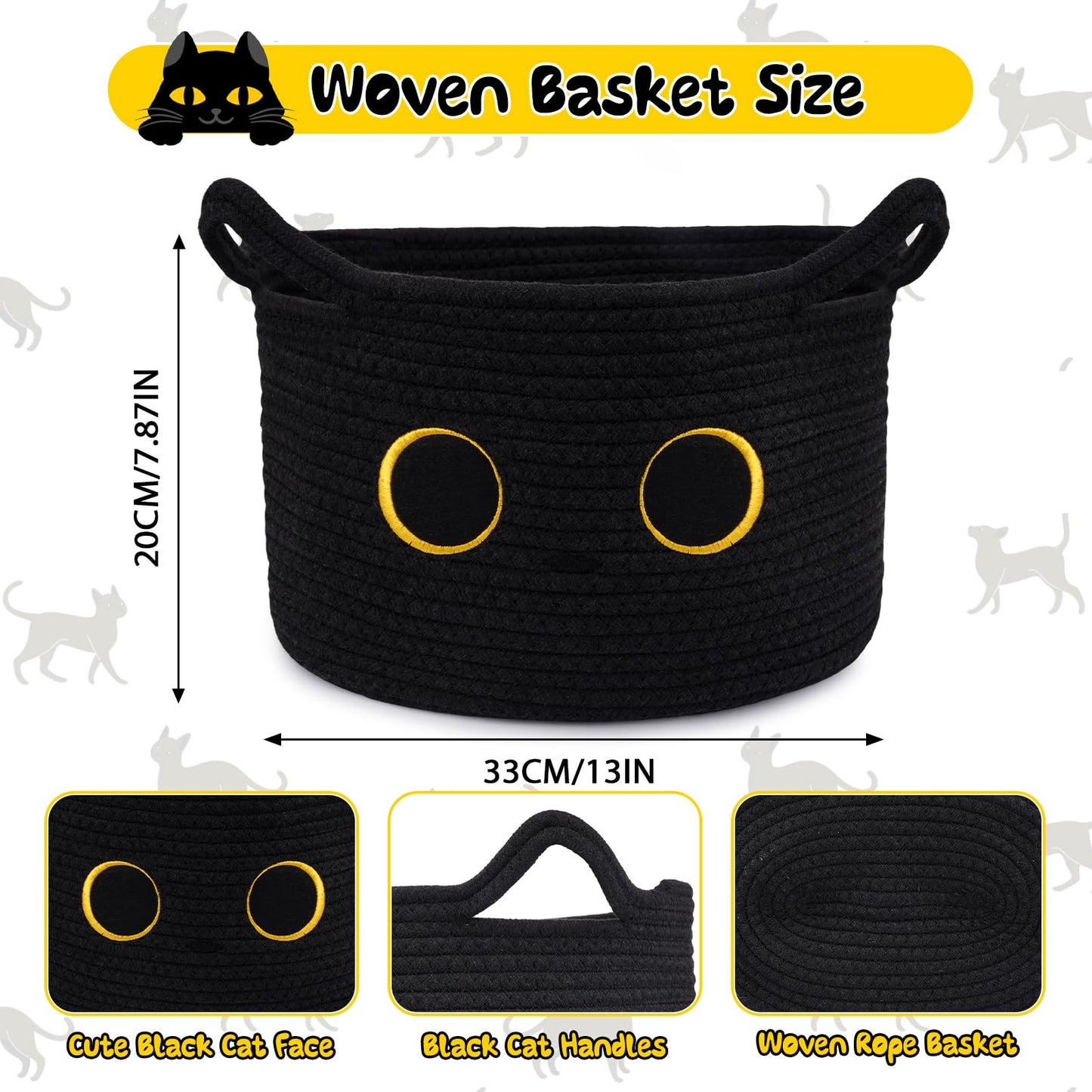 Hkojewp Cute Cat Toy Basket, Large Cotton Rope Toy Bin Box for Cats Bin, Oval Baby 0rganize Blanket Shower Hamper with Handles, Decorative Storage Cat Bin, Halloween Decor,13"D x 8"H in