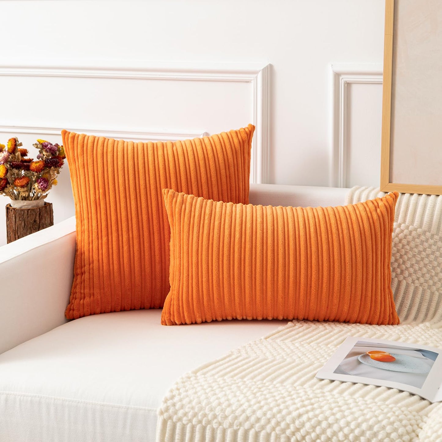 Kevin Textile Fall Pillow Covers 18x18 Striped Corduroy Velvet Cushion Covers Set of 2 Baby Square Decorative Pillowcase for Seasonal Autumn, 18 x 18 inch, Orange