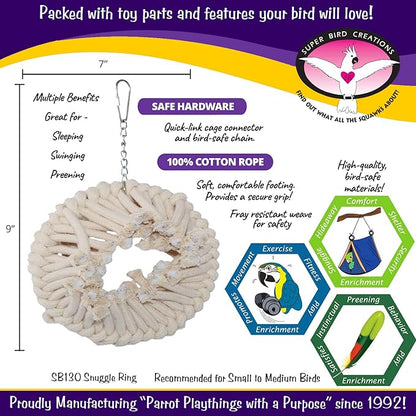 Super Bird Creations SB130 Snuggle Ring Bird Toy - Comforting Cotton Rope Hideaway - Durable Steel Ring, Safe Cage Attachment - Ideal for Cockatiels, Parrots - Small/Medium Birds - 9" x 7" x 3"