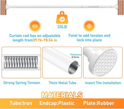 MEXAU White Tension Curtain Rod 40-78 Inch Long Tension Rod 1.26" Spring Tension Curtain Rod Adjustable Curtain Rods No Drilling Tension Shower Rod Curtain Tension Rod for Bathroom Windows Doorways