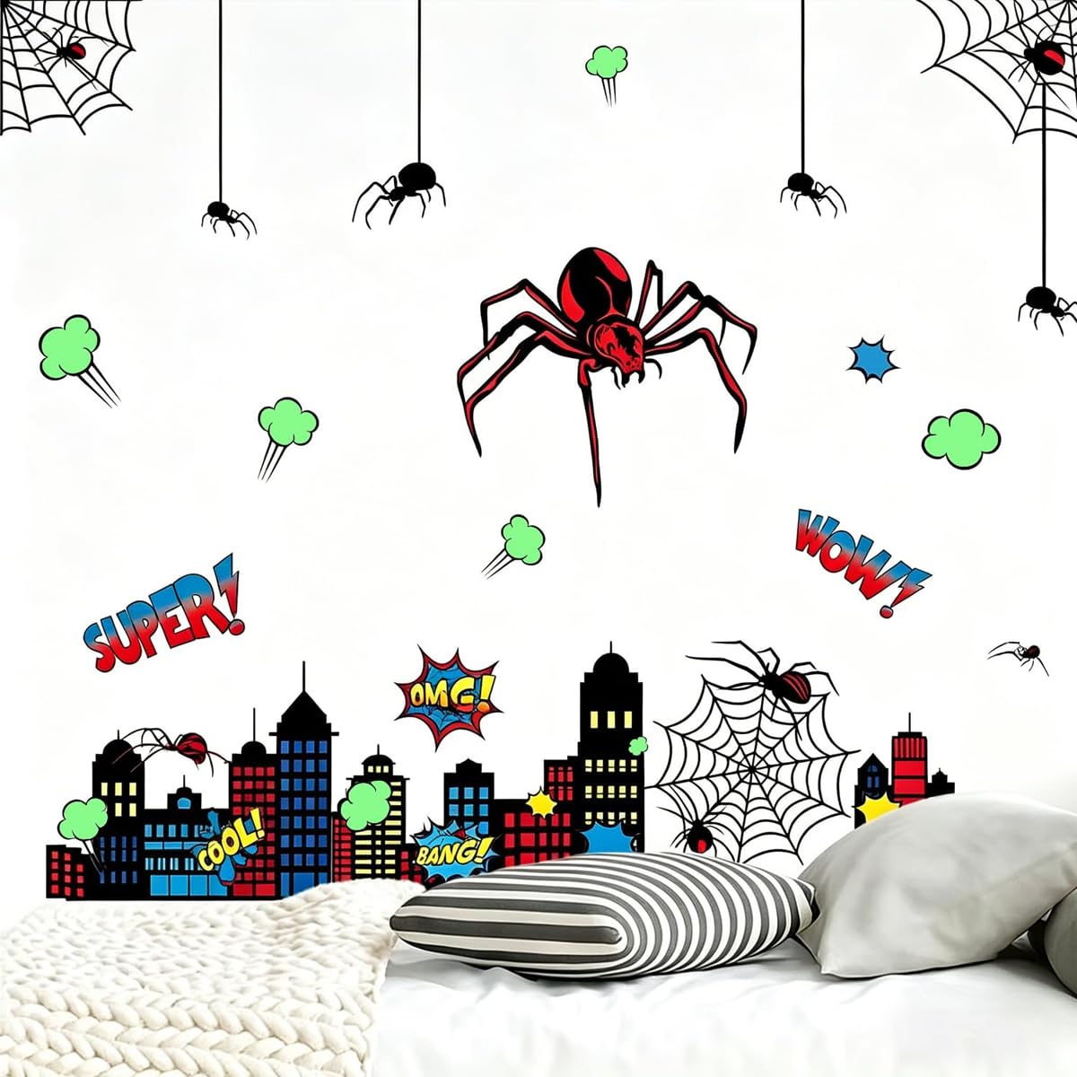 Spider Theme Wall Stickers - Removable Spider Web & Cityscape Wall Decals for Boys Bedroom, Playroom, Living Room