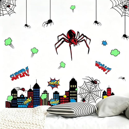 Spider Theme Wall Stickers - Removable Spider Web & Cityscape Wall Decals for Boys Bedroom, Playroom, Living Room