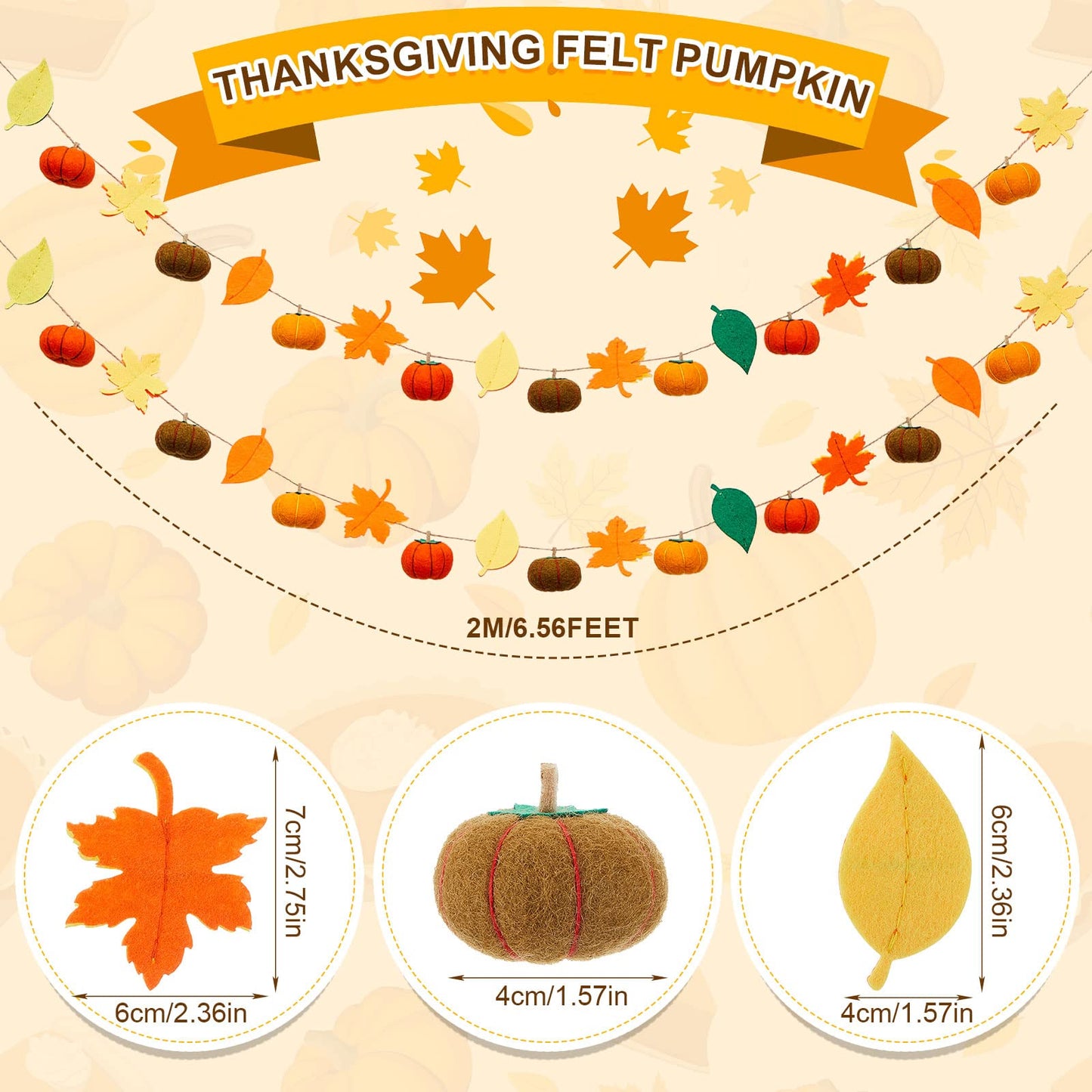 Jecery 2 Pcs Thanksgiving Garland Fall Pumpkin Felt Garland 78 Inches Fall Maple Leaves Pom Pom Felt Banner Autumn Harvest Halloween Thanksgiving Party Decorations for Mantel Fireplace Farmhouse