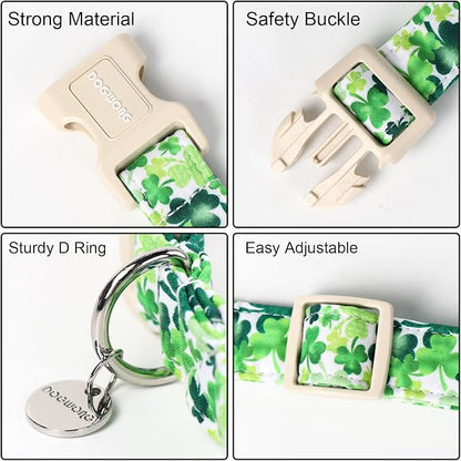 DOGWONG St. Patrick's Day Dog Collar, Green Lucky Clover Shamrock Green Dog Collar Soft Durable Adjustable Costume St. Patrick's Day Lucky Charm Puppy Collar for Small Medium Large Dog