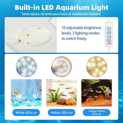 Small Fish Tank Betta 2.5 Gallon Desktop Aquarium Kit with LED Light and Water Pump & Black Filter Sponge & Bio Ball Filter Media Compact Aquarium for Betta Fish, Shrimp(White)