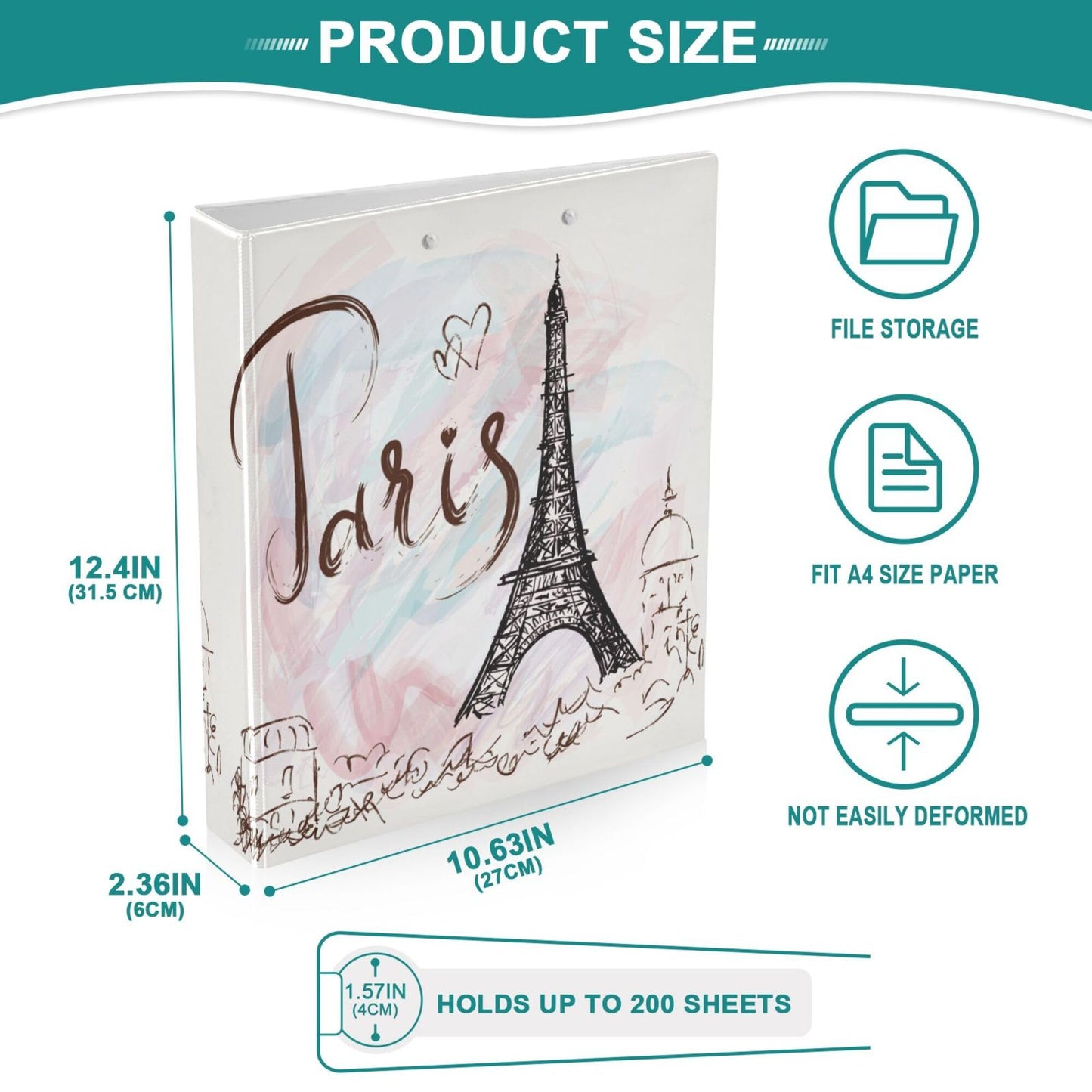 Eiffel Tower Round Ring Binders 1.5 Inch Paris Pink White 3 Ring Clipboard Binder for Office School Work Supplies File Folder 200 Sheet Capacity