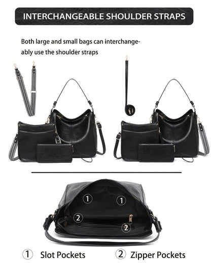 Purses for Women 3PCS, Crossbody Bags Set Large Leather Purse Shoulder Handbags with Wallet Adjustable Straps for Ladies Tote