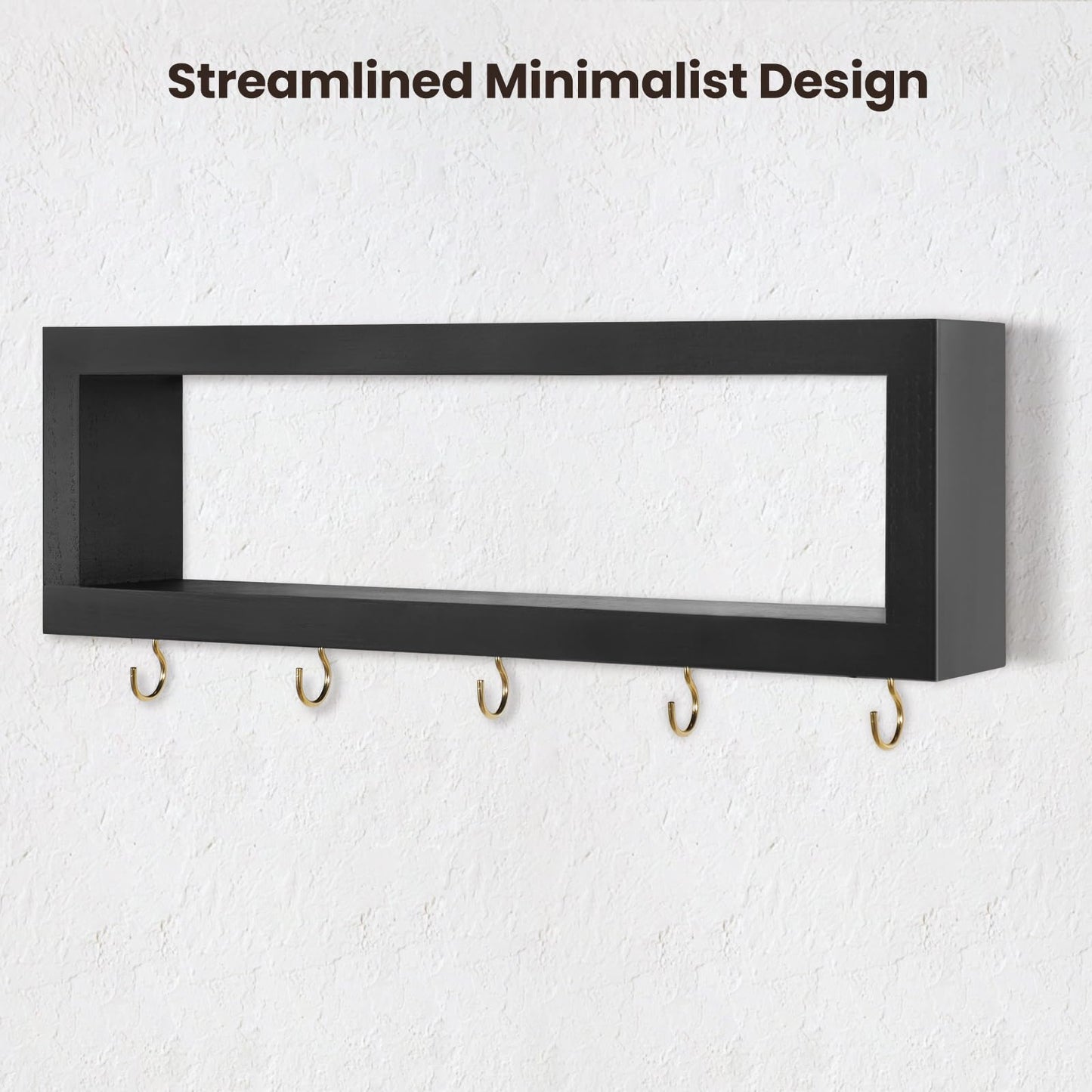 Lwenki Wall Shelf with Hooks - Decorative Key and Wallet Holder for Wall Holds Sunglasses, Leashes, Scarves and Lanyards - 15.7" x 5.1" x 2.9" Entryway Organizer Made of Paulownia Wood (Black)