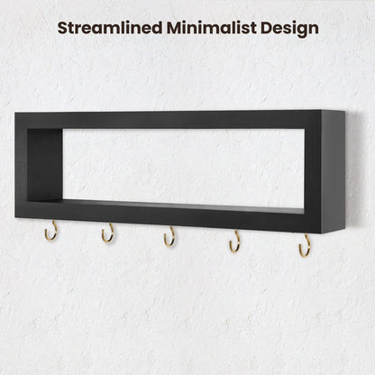 Lwenki Wall Shelf with Hooks - Decorative Key and Wallet Holder for Wall Holds Sunglasses, Leashes, Scarves and Lanyards - 15.7" x 5.1" x 2.9" Entryway Organizer Made of Paulownia Wood (Black)