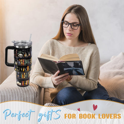 Nqhsionv Book Lovers Gifts 40oz Halloween Book Lover Tumbler Goth Skull Bookshelf Coffee Travel Mugs Christmas Insulated Cup Gifts for Women Readers,Reading,Bookish,Librarian