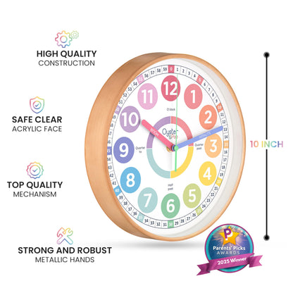 Oyster&Pop Kids Clock - Silent 10" Pastel Analog Learning Wall Clock - Award-Winning Telling Time Teaching Clock for Kids - Bedrooms Homeschool & Classrooms - Includes eBook