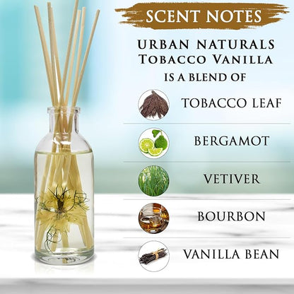 Urban Naturals Tobacco & Vanilla Reed Diffuser Scented Sticks Set | Tobacco Leaf, Bergamot, Vetiver, Bourbon and Vanilla Bean Scented Oils | Decorated with Natural Flowers | Made in the USA