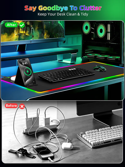 Mouse Pad with Wireless Charger Foldable Phone Holder, XXL RGB Gaming Mousepad 31.5"x15.8" Large Desk Mat for Keyboard, Black Desk Pad with Dual Qi Charging Station, 11 Colors 5 Modes