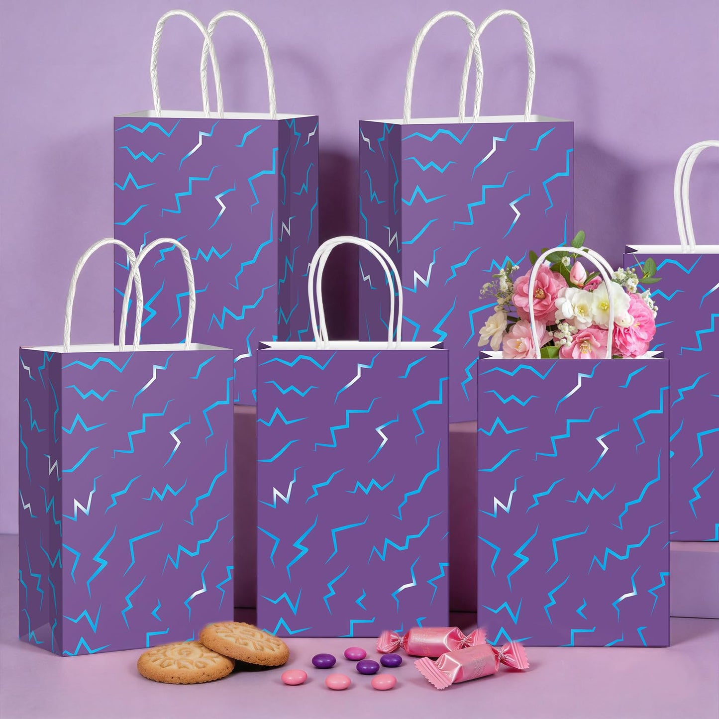 Hauwellter 24 Pcs Kpop Party Favor Bags, Purple and Blue K Pop Themed Kraft Paper Gift Bags with Handles, Bulk Goodie Treat Bag for Kpop Disco Halloween Birthday Party Supplies Decorations