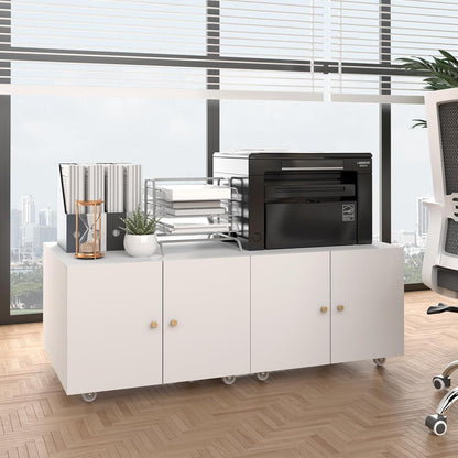 Under Desk Printer Stand with Wheels, Low Printer Stand Storage, Filing Cabinet with Paper Storage Shelf, File Carts with 2 Doors, Mobile Printer Holder for Home Office, School, White