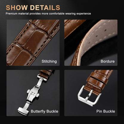 EREBUSE Genuine Leather Watch Strap 18mm 20mm 22mm, Brown Classic Replacement Watch Band for Men Women, Soft Padded Cowhide with Silver Stainless Steel Buckle, Spring Bar Included