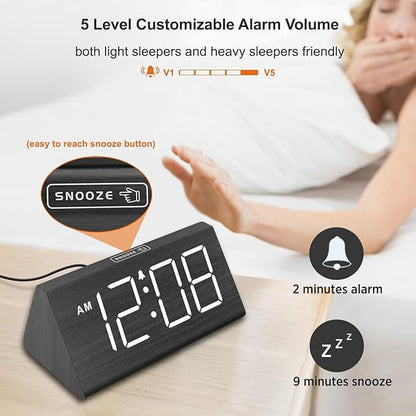 DreamSky Wooden Digital Alarm Clock for Bedroom with RGB Large Numbers | Electric Desk Clock, USB Port, Loud Alarm for Heavy Sleepers, Dimmer and Volume Control, Snooze, Wood Décor, Adapter Powered
