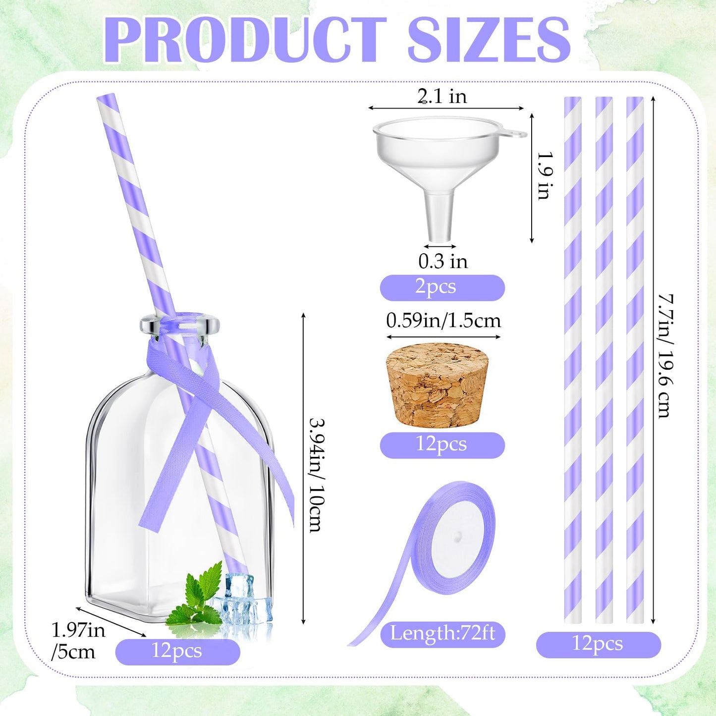 Baderke 12 Pcs Glass Bottles with Cork and Straw 4 oz Mini Empty Glass Bottle for Drinks Reusable Liquor Bottles with Silk Ribbon and Funnels for Cocktail, Wedding Party(Purple)