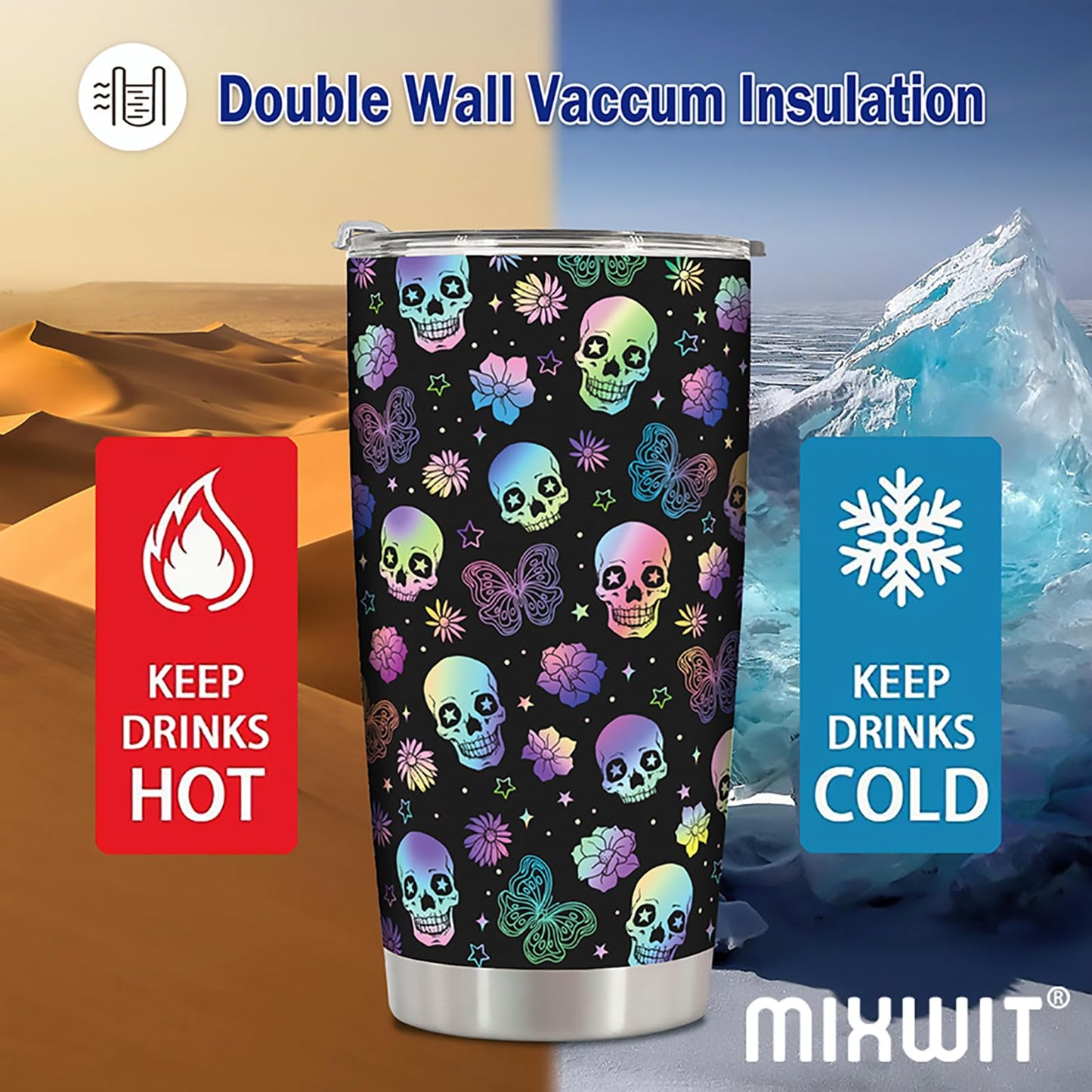 MIXWIT 20oz Rainbow Skull Stainless Steel Insulated Tumbler with Lid Colorful Floral & Butterflies Gothic Punk Style Coffee Travel Mug Cup Birthday Halloween Christmas Skull Gifts for Women