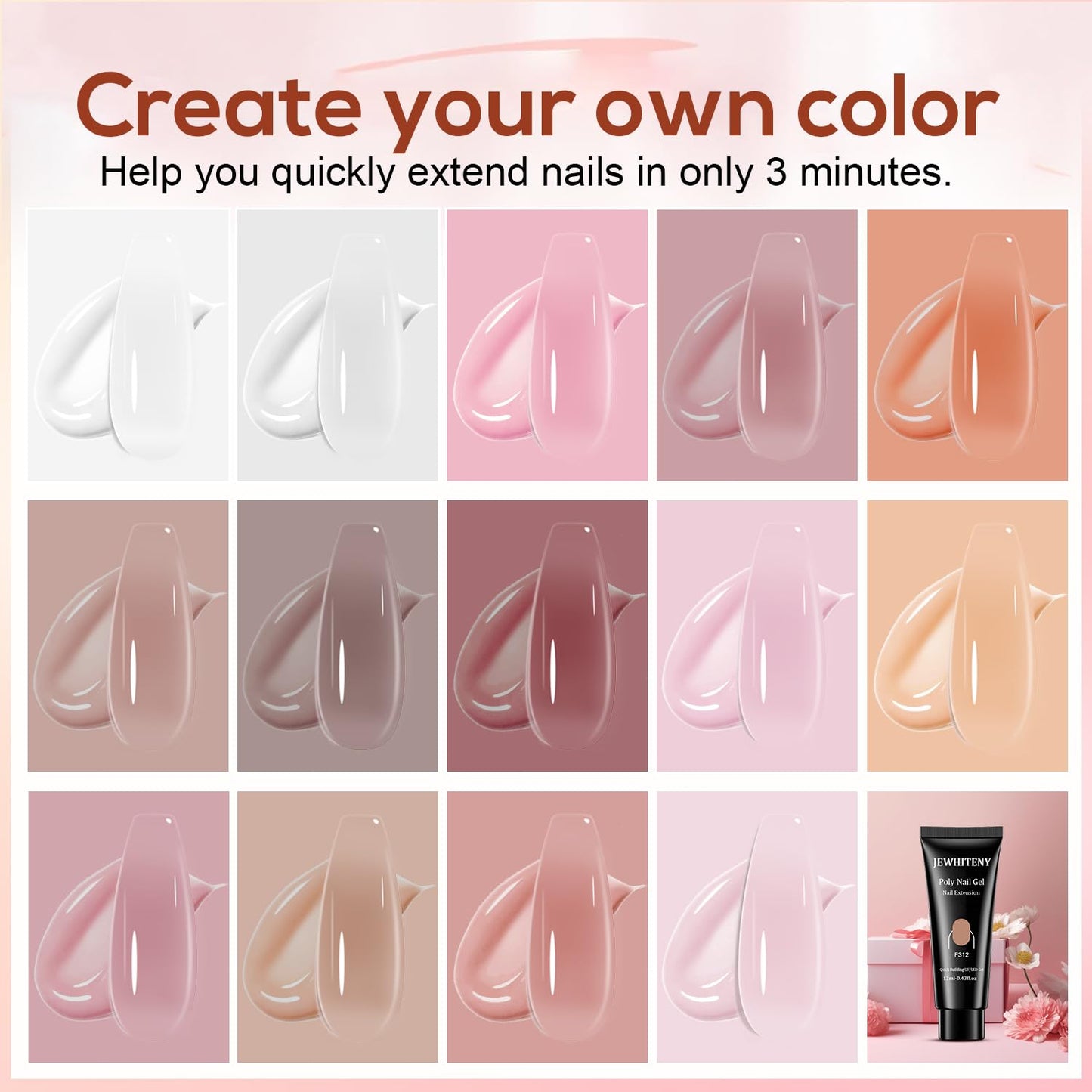 JEWHITENY Poly Extension Gel Nail Kit 14 PCS Poly Gel Kit with Slip Solution and Mini Lamp Nail Art Design Beginner