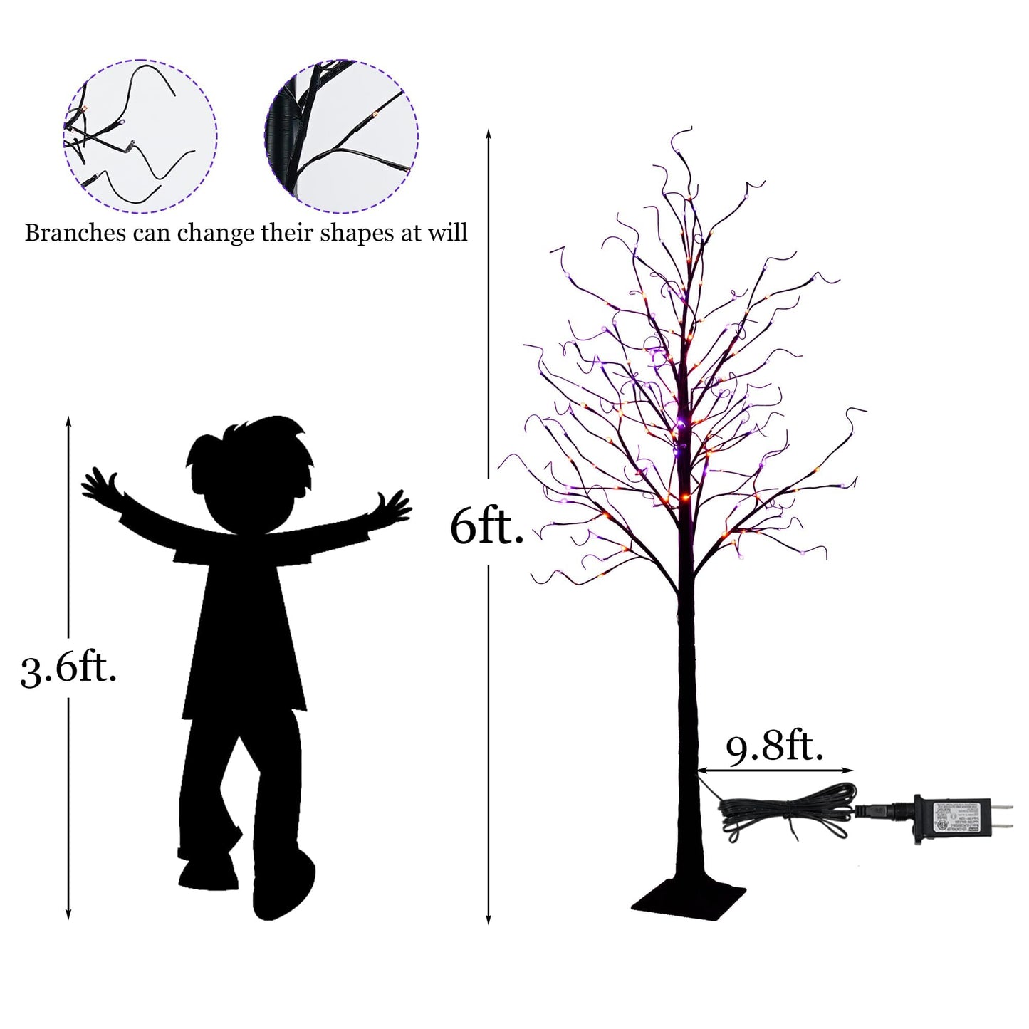 TW SHINE 6FT Halloween Lighted Black Birch Tree, 144 LED Purple and Orange Lights Artificial Spooky Tree with Timer, Waterproof Halloween Decoration for Indoor Outdoor Home Party Decor