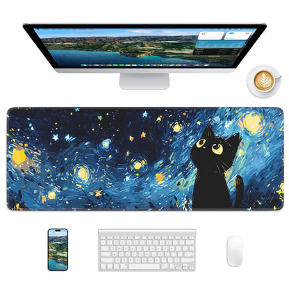 Velluxion Starry Night Cat Mouse Pad, 31.5 x 11.8 Large Desk Mat with Stitched Edges & Non-Slip Base, Mousepad for Office, Home, Work