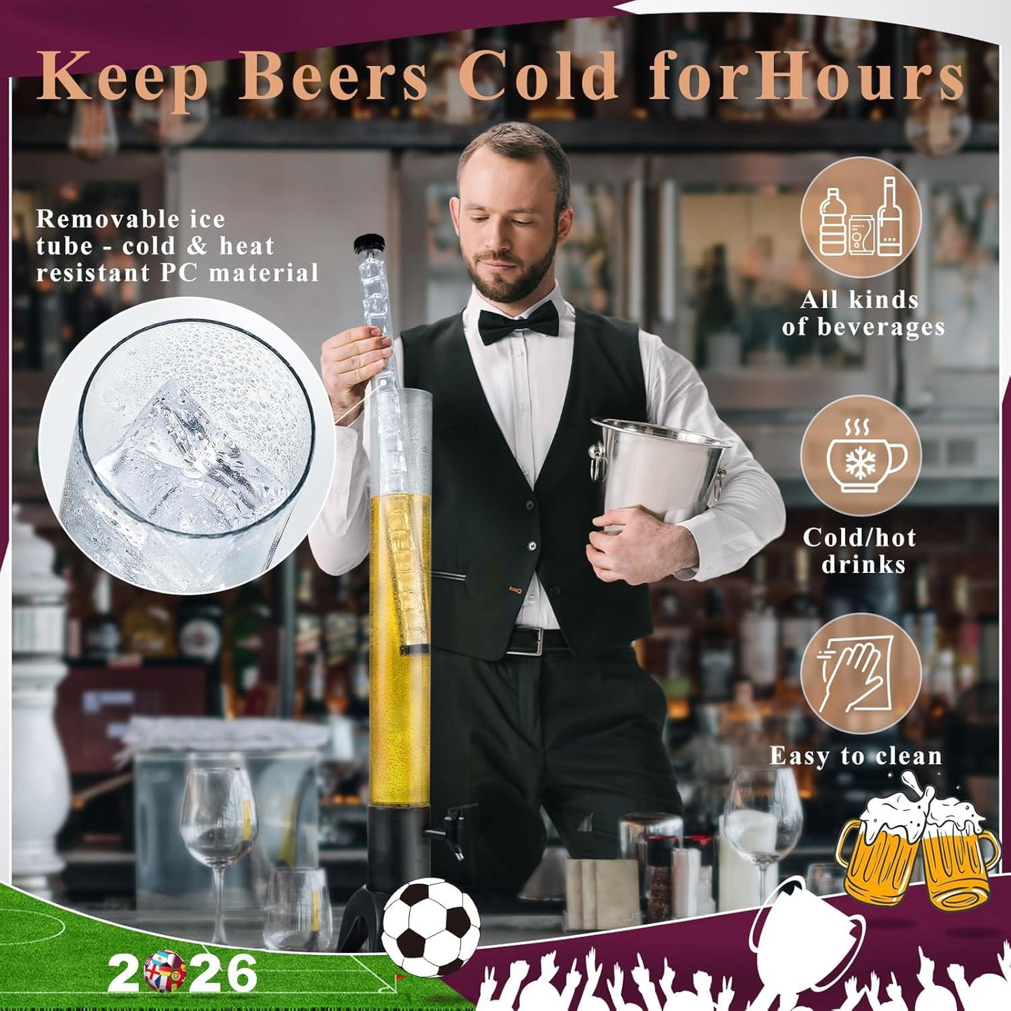 COSYOO Drink Tower, 3L Mimosa Tower Dispenser With Ice Tube and Led Light, Tabletop Beer Dispenser 3.17 Qt./101oz, Ideal for Parties Bars Pubs Restaurants