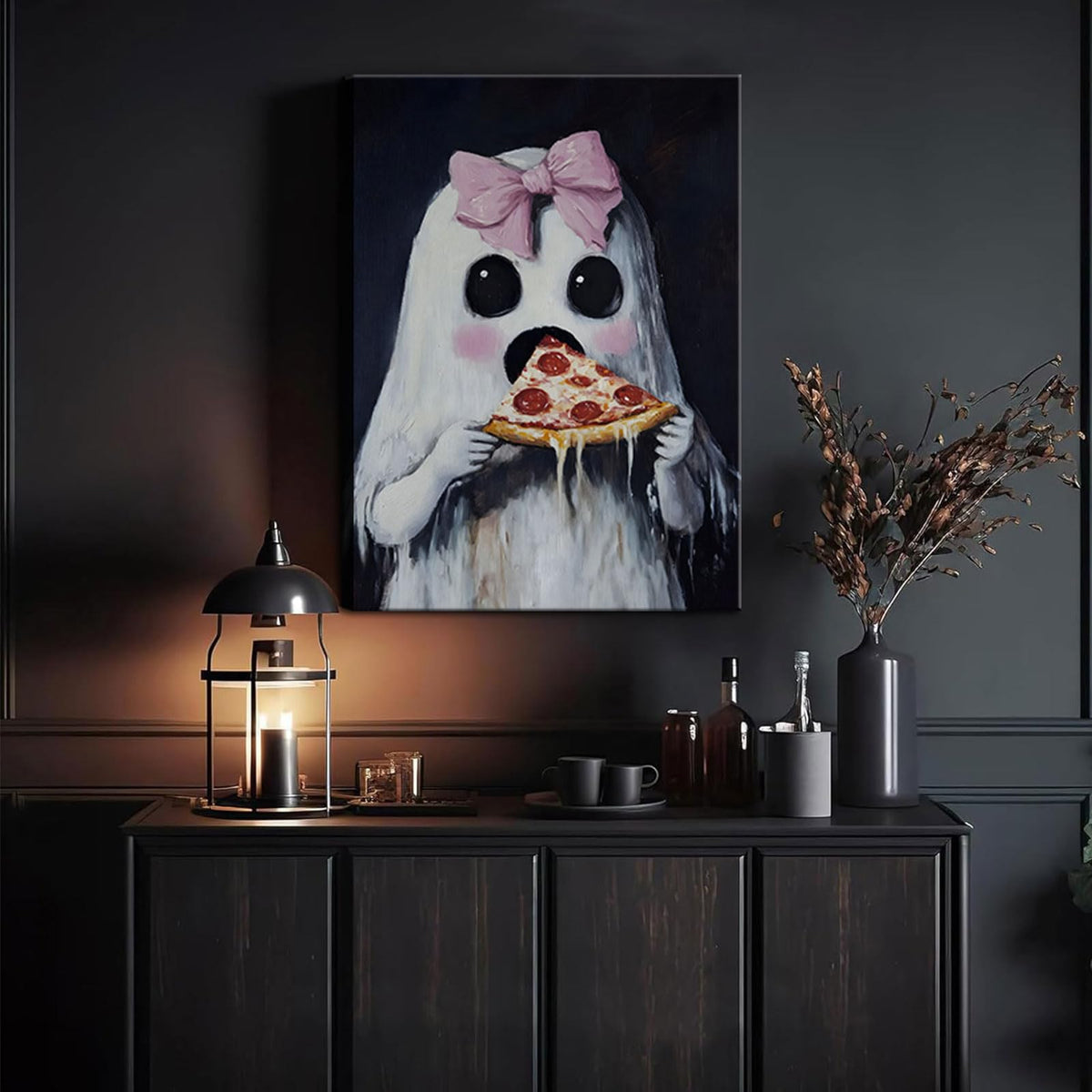 Ghost Wall Art Cute Ghost with Pink Bow Eating Pizza Prints Gothic Spooky Halloween Posters Girly Bedroom Dorm Wall Decor Pictures 12x16in