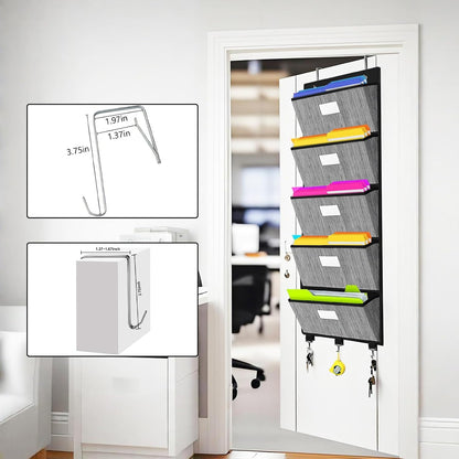 homyfort Over the Door File Organizer, Hanging File Folders, Wall Organizers and Storage for Mail, Magazine, Notebooks, Planners, Office, Classroom, 5 Extra Large Pockets, 50.39” Tall (Black)