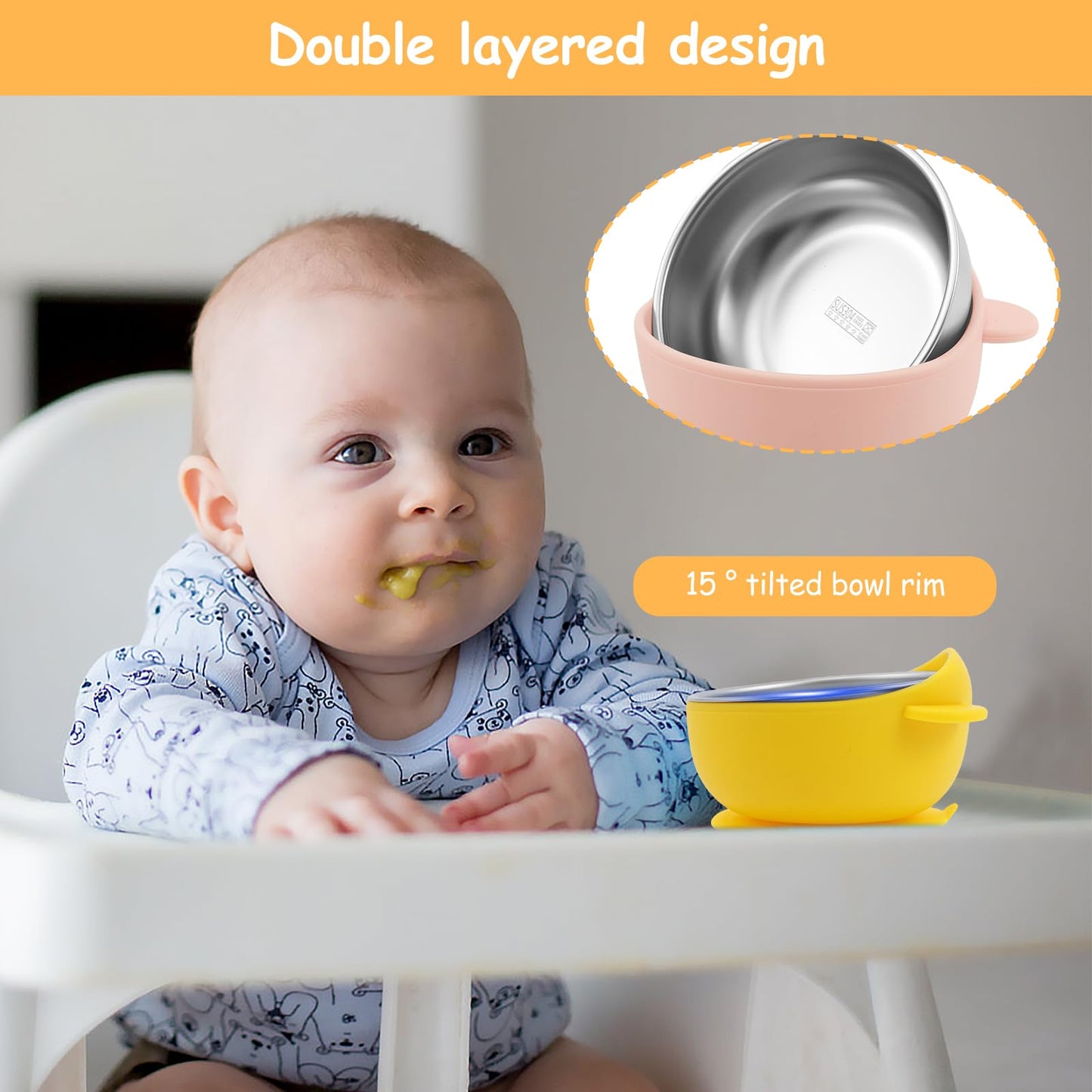 Stainless Steel Kids Bowls with Suction, Toddler Suction Bowls with Removable Silicone Shell, Anti Scald Snack Container, Baby Food Bowl for Feeding Soup Noodle Pasta Snack (Color A)