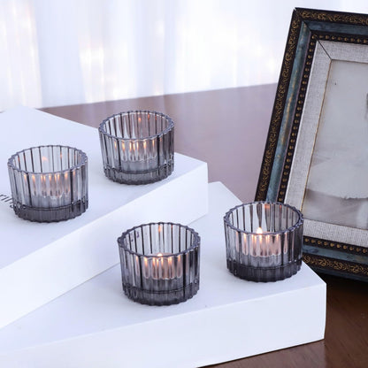 VOHO Classic Grey Tealight Candle Holder for Modern Home Decor, Set of 12 Tea Light Candle Holder Glass Ribbed Gifts for Thanksgiving Holiday, Small Votive Candle Holders for Birthday Themed Party