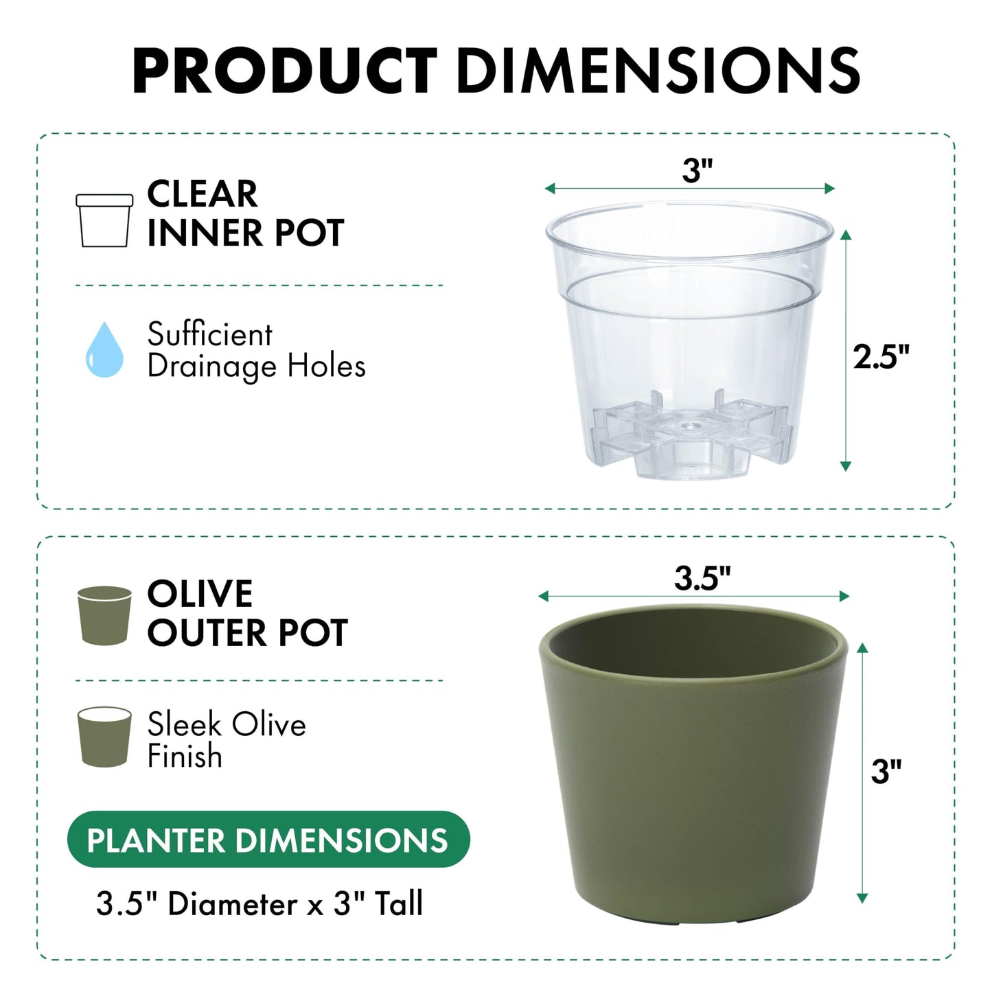 Phoenix Vine 3.5 Inch Olive Plastic Cachepot with Clear Nursery Pot, Decorative Lightweight Planter Cover with Transparent Inner Pot for Indoor Houseplants, Pack of 12, 24-A-F-12