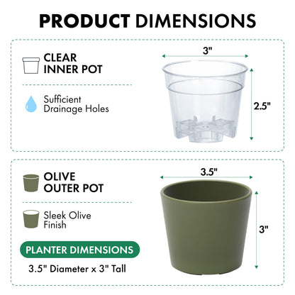 Phoenix Vine 3.5 Inch Olive Plastic Cachepot with Clear Nursery Pot, Decorative Lightweight Planter Cover with Transparent Inner Pot for Indoor Houseplants, Pack of 12, 24-A-F-12
