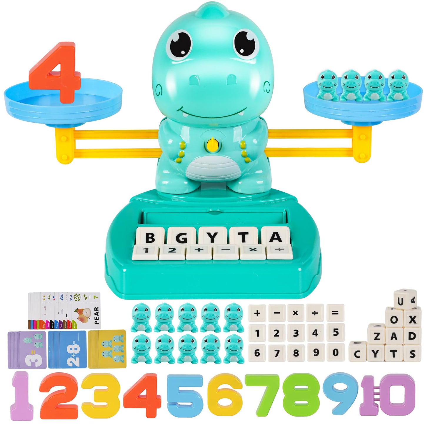 ISMETACU Upgraded Dinosaur Math Balance Toy with Number Blocks, Letter Cubes & 32 Learning Cards, Montessori Learning & Education Toys for Ages 3–7,Ideal Gift for Kids (Upgraded Blue)