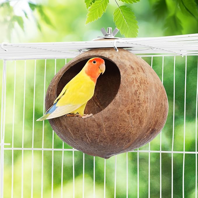 Balacoo Coconut Bird Nest for Cage: Natural Coconut Shell Parakeet Nesting Box, Parakeet Breeding Hut - Bird Cage Accessories for Budgies Cockatiel Conure Lovebirds