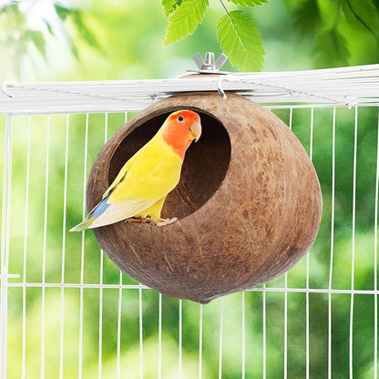 POPETPOP Natural Coconut Fiber Hanging Birdhouse for Cage - Coconut Shell Pet Bird Nest, Hanging Bird Breeding Nest for Parrot Parakeet Lovebird Finch Canary