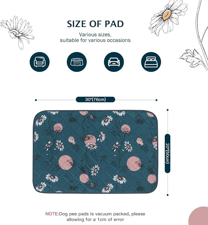 IEUUMLER Washable Pee Pads for Dogs, 2 Pack Non-Slip & Waterproof Pack Whelping Pad, Reusable Washable Puppy Potty Training Pad with Fast Absorbent for Playpen EU007 (Navy Blue Daisy, 30"X20"-2pcs)