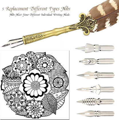 Quill Pen and Ink Set Feather Pen with Ink and 6pcs Nibs Calligraphy Pens for Beginners for Lettering,Drawing, Journaling, Signing, Invitation HO-Q-300