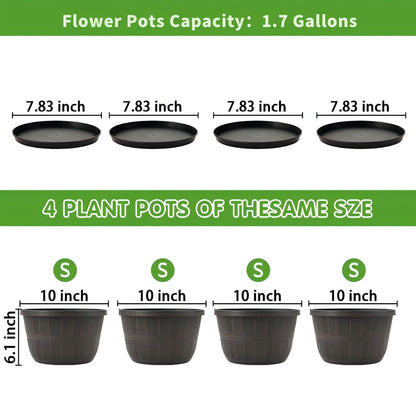 Quarut 4 Pack 10 inch Pots for Plants and 4 Pack 12 inch Flower Pots with Drainage Holes and Saucer for Outdoor Indoor Plants.