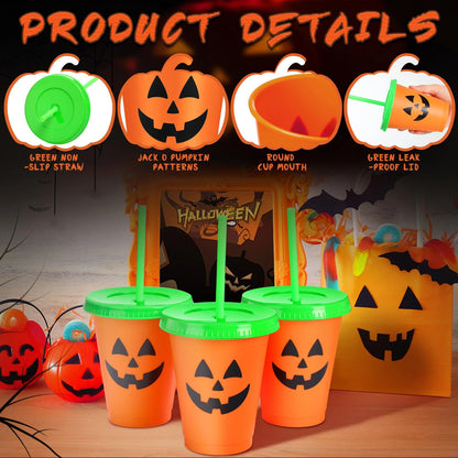Skylety 10 Pcs Halloween Plastic Cups with Lids and Straws 16 oz Pumpkin Jack O Lantern Cups Plastic Tumbler Harvest Party Supplies Halloween Party Favors Supplies for Coffee Tea Cold Drinks